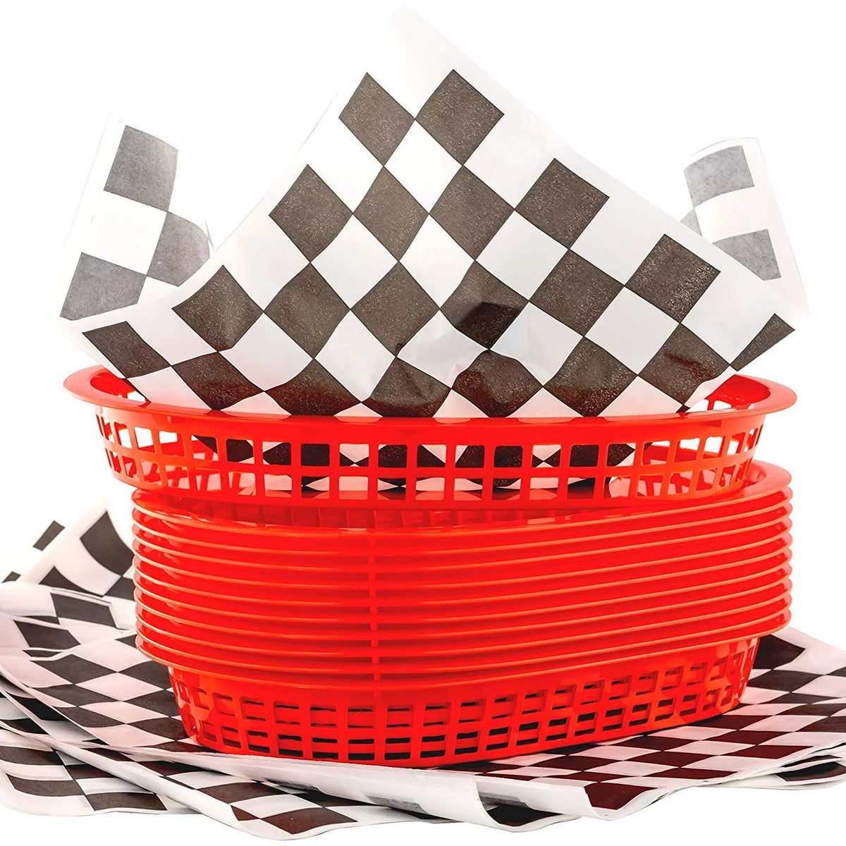 Red Fast Food Basket 12-Ct with Black Checkered Deli Paper 120-Ct U3599