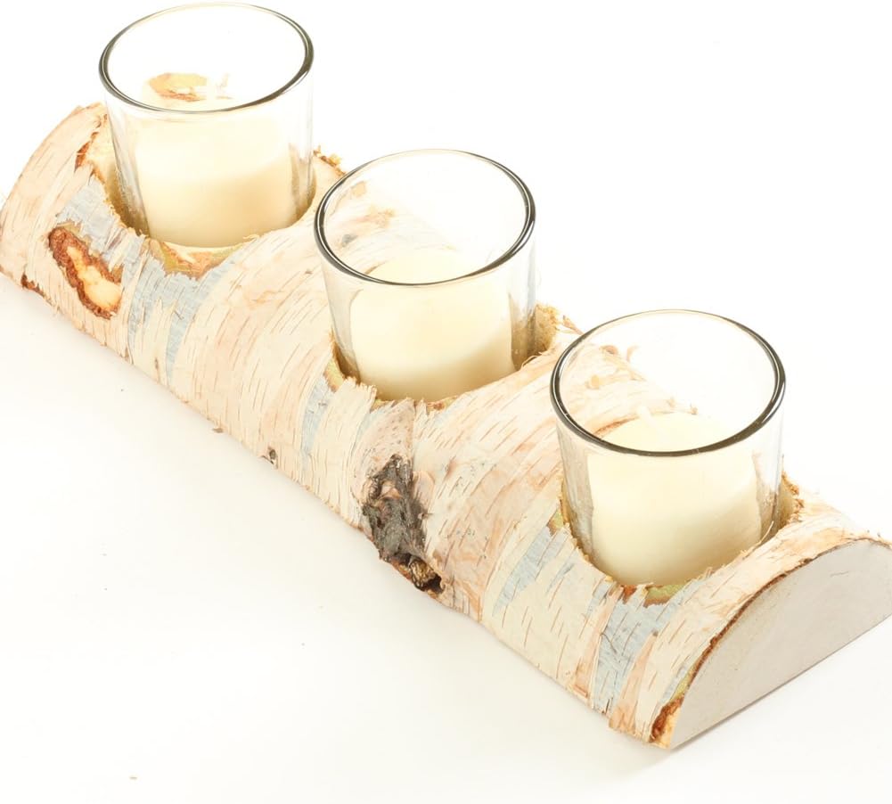 10-Inch Birch Log Candle Holder with 3 Glass Candle Holders M497207
