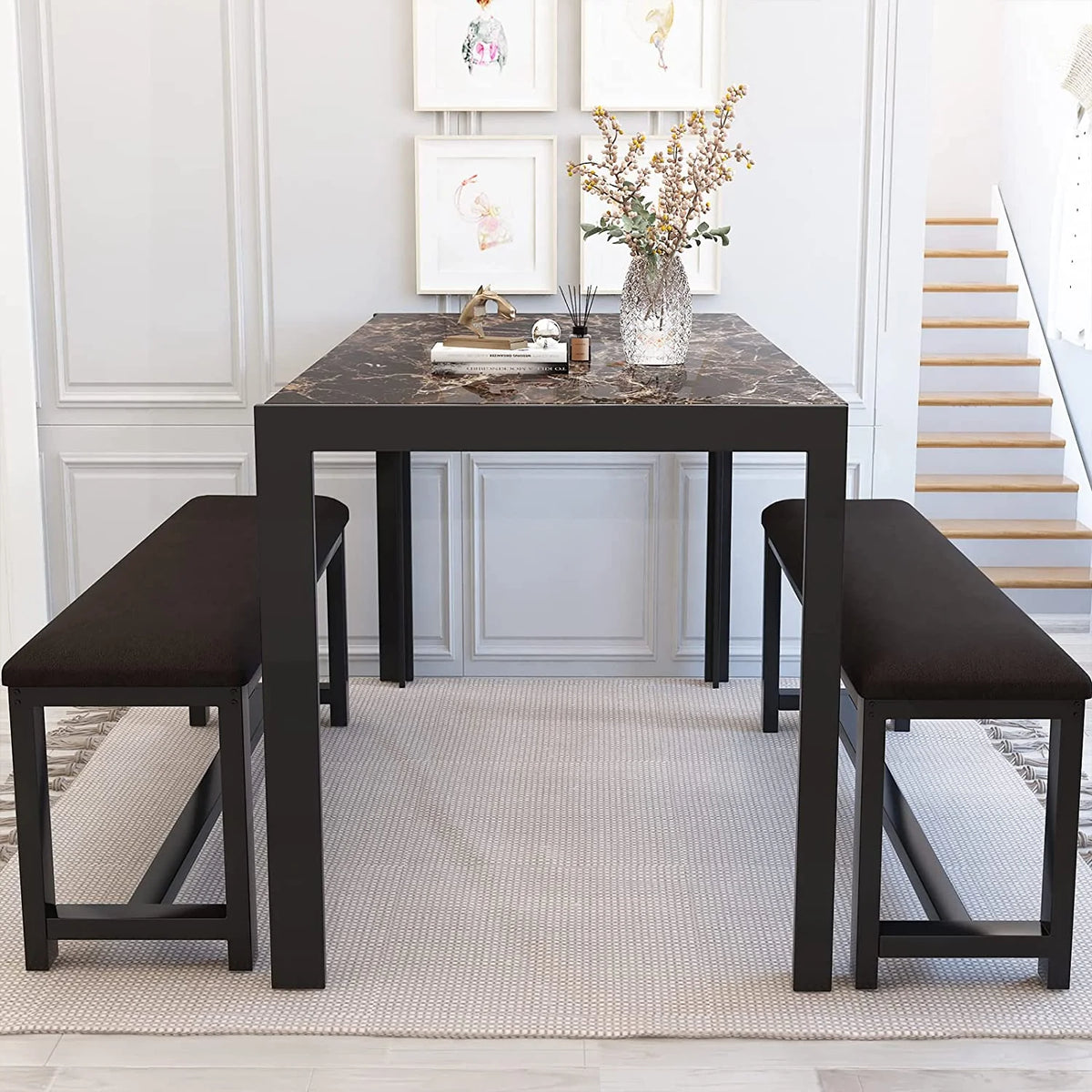 Faux Marble Dining Table and 2 PU Leather Upholstered Bench I96413