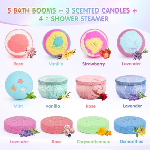 5 Large Bath Bomb Set with 4 Shower Steamers & 3 Candles U12192