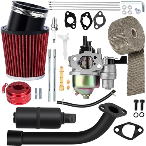 Racing Carburetor Exhaust Pipe Muffler Kit for 212cc Go Kart Mini Bikes with Air Filter Heat Shield Tape (Red) S173132