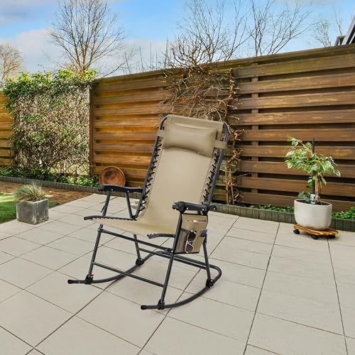 Beige Folding Rocking Chair with Cupholder and Pillow Y313