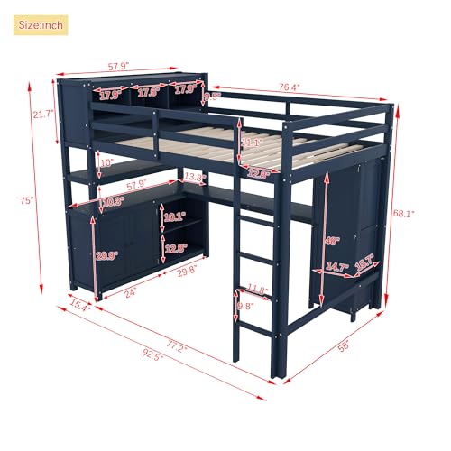 Full Size Wood Loft Bed with Desk and Storage K454