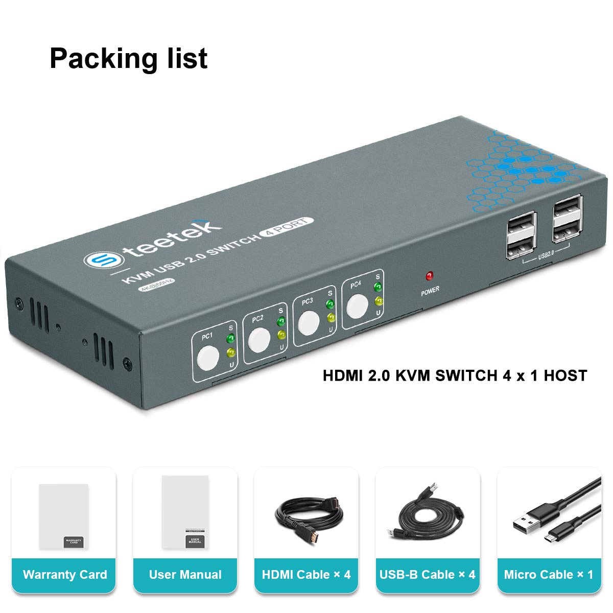 HDMI 4 Port 4K@60Hz USB KVM Switch with Cables N4473