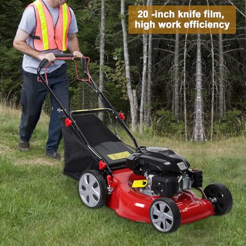 20-Inch Gas Push Lawn Mower, 141CC 4-Cycle Engine, Self Propelled, Side Discharge, High Rear Wheels, 7-Position Single Wheel Height Adjustment (Red) G212