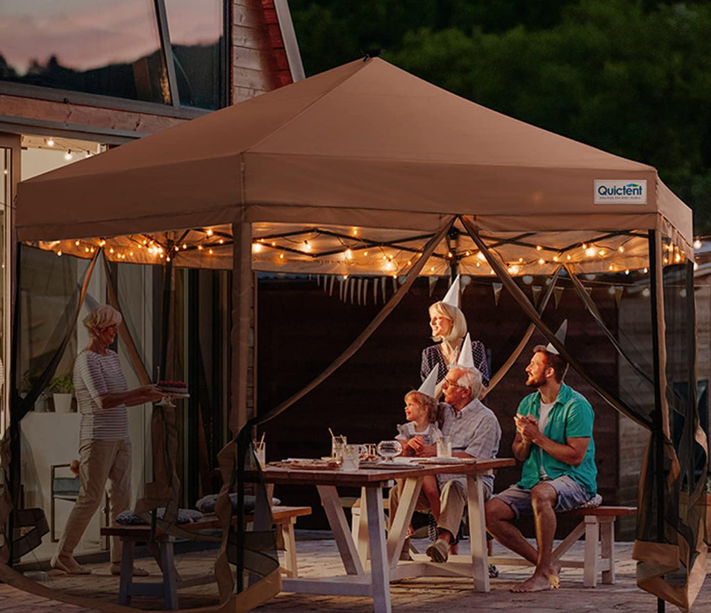 Beige Hexagonal Pop up Gazebo Tent with Mosquito Netting and LED Lights G9175