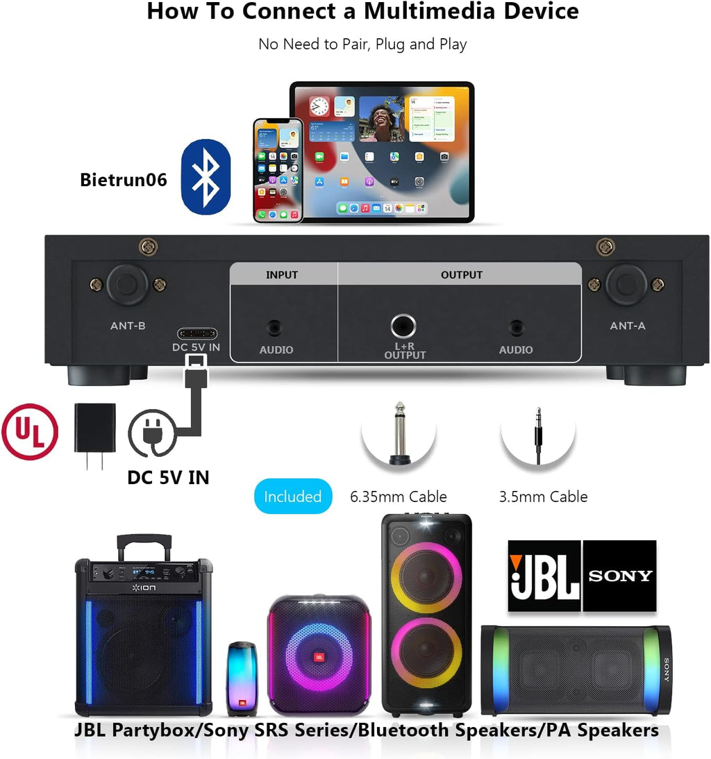 UHF Dual Channel Wireless Microphones with Bluetooth, Metal Cordless Handheld Dynamic Mics M160022