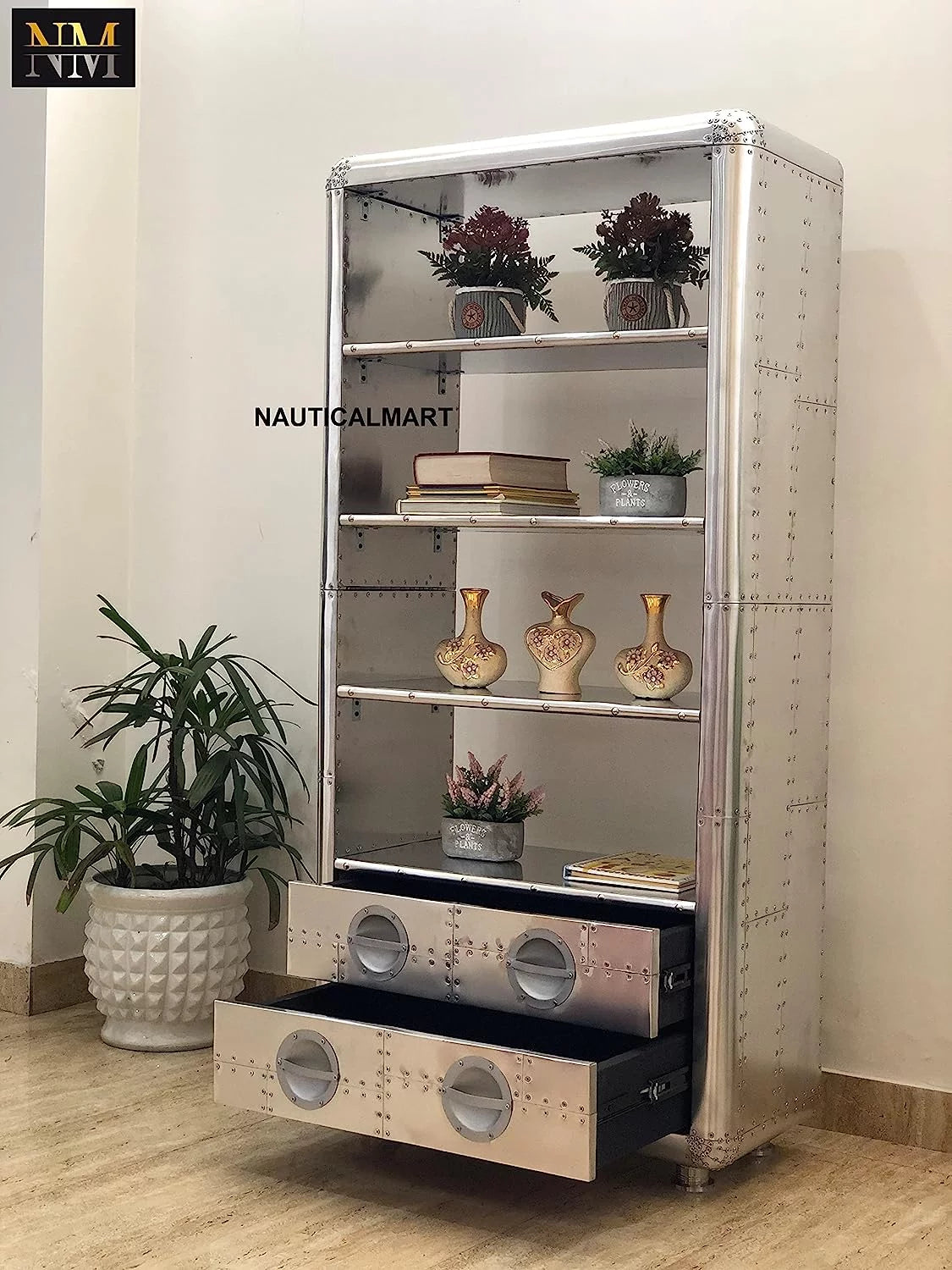 Aluminum Bookcase with Drawers 66 Inches T444