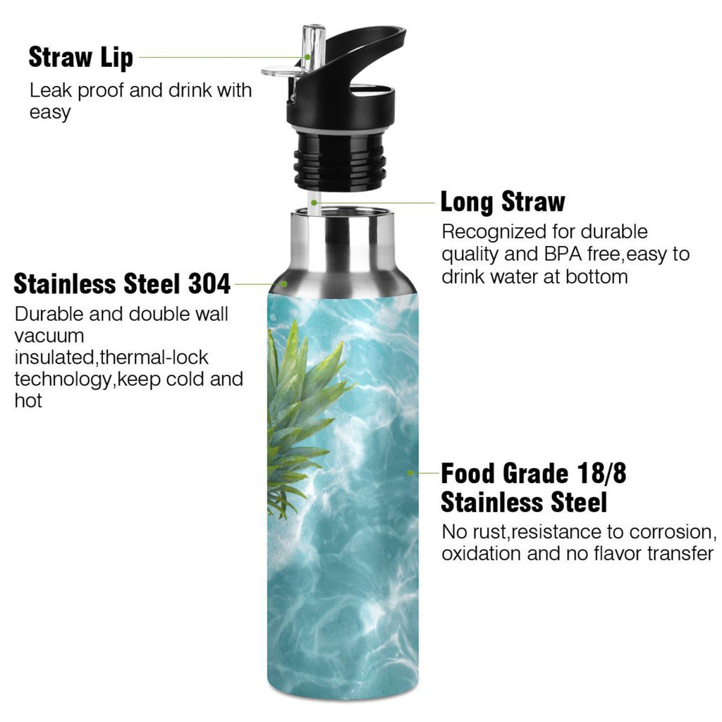 Yellow Pineapple on Blue Water Insulated Stainless Steel Water Bottle with Straw Lid 20 oz A962129