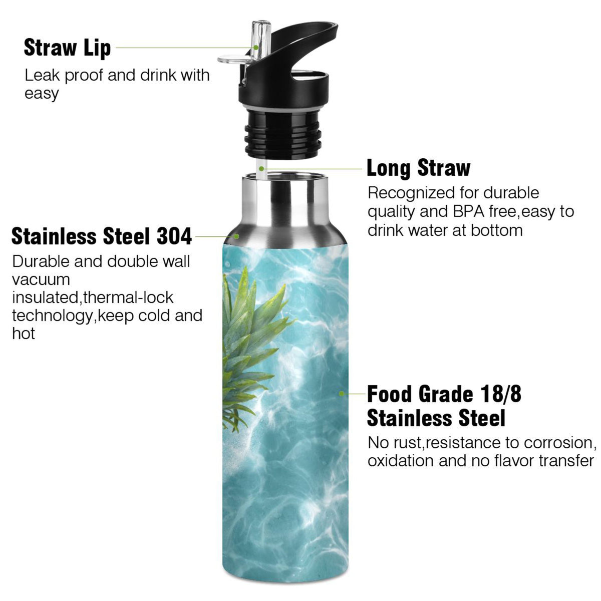 Yellow Pineapple on Blue Water Insulated Stainless Steel Water Bottle with Straw Lid 20 oz A962129