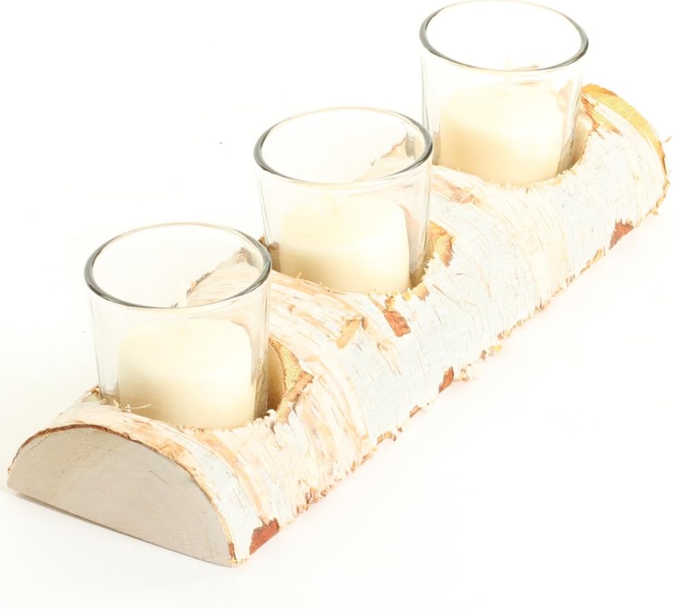10-Inch Birch Log Candle Holder with 3 Glass Candle Holders M497207