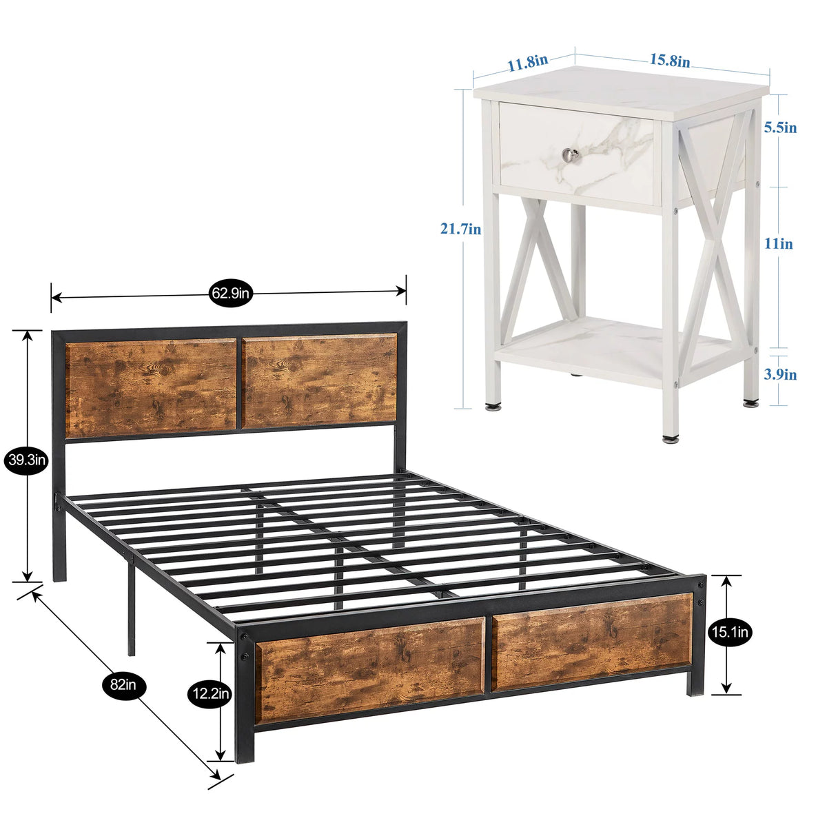 3-Piece Bedroom Set with Queen Size Bed Frame and Nightstands S606670