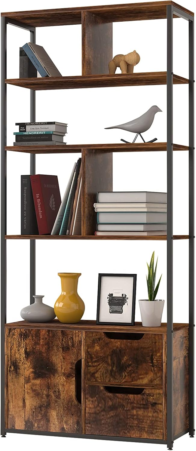 Industrial 5 Tier Bookshelf with 2 Drawers and Cabinet, Rustic Brown W367