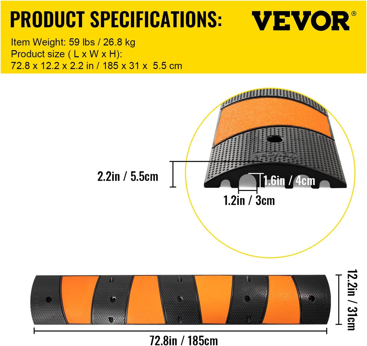 Rubber Speed Bump, 72.8 x 12.2 x 2.2, 22000 LBS Load Capacity B234750