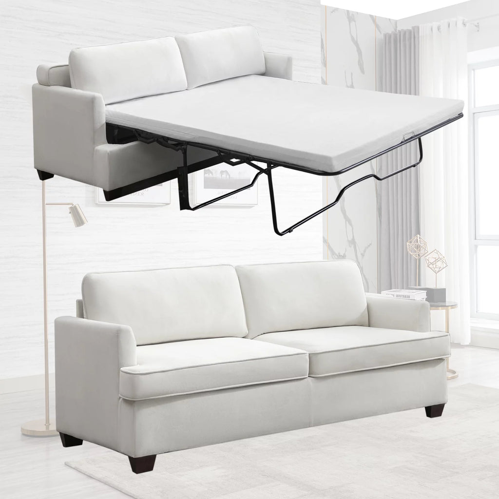 Beige Velvet Queen Size Pull Out Sofa Bed with Foam Mattress F368