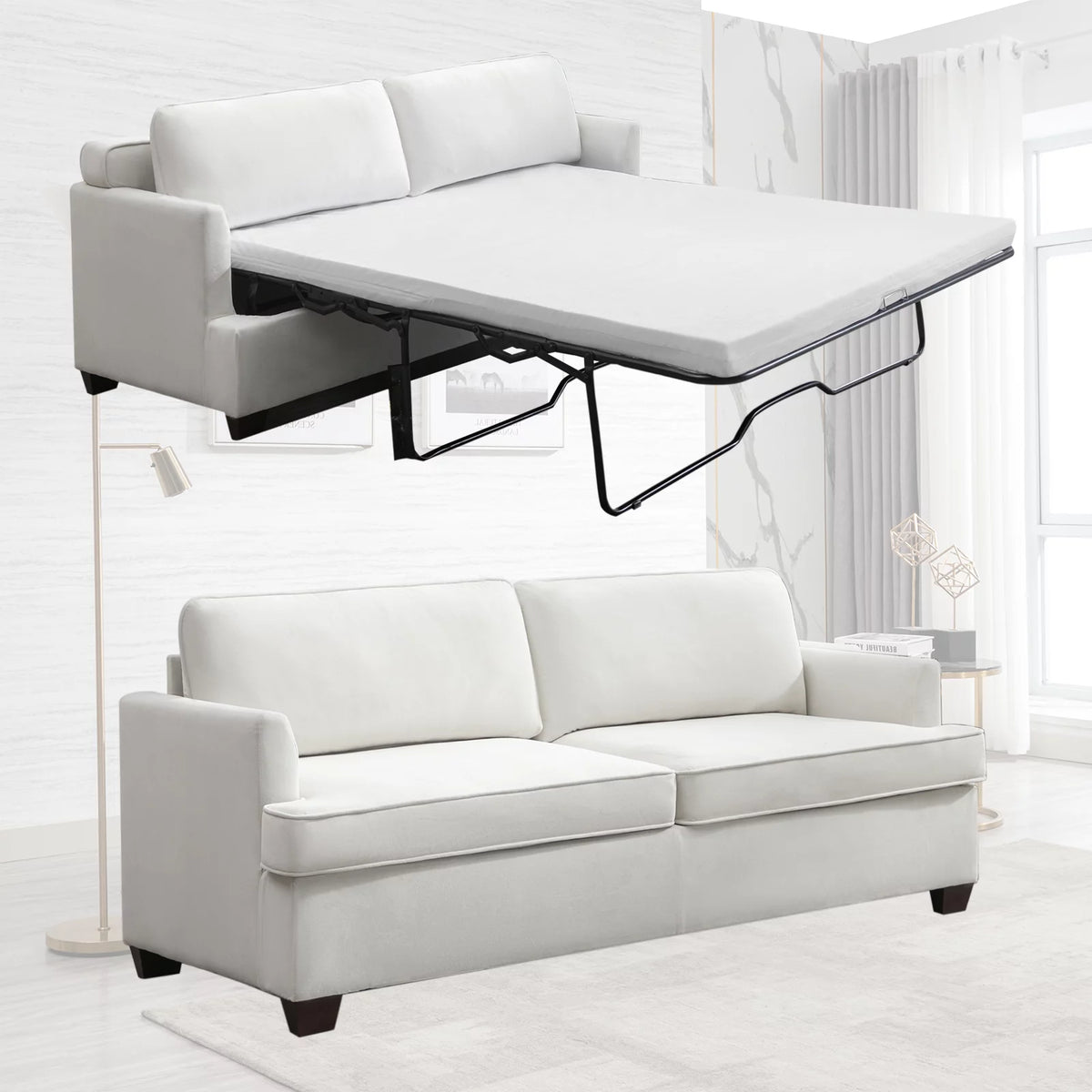 Beige Velvet Queen Size Pull Out Sofa Bed with Foam Mattress F368
