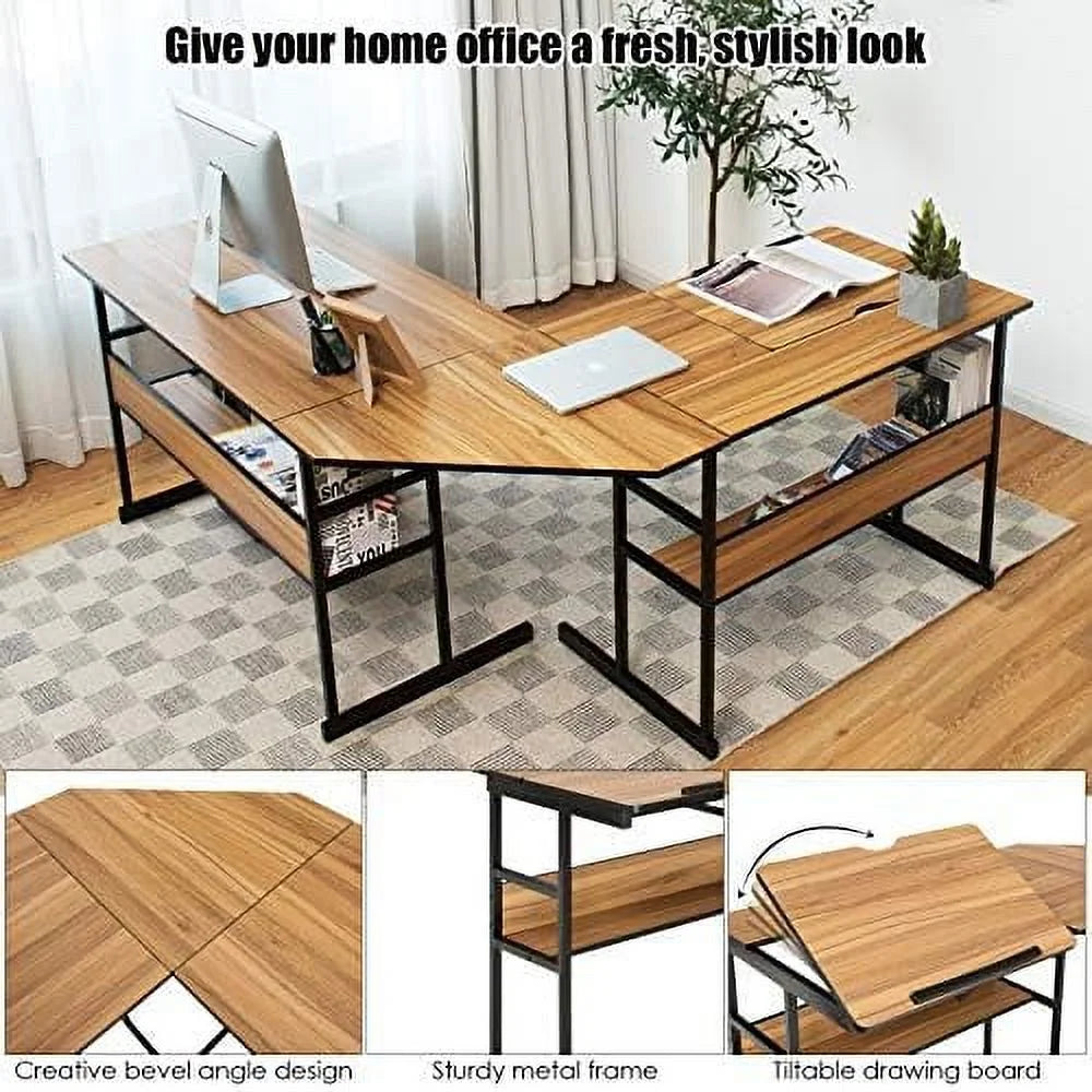 67 inches L-Shaped Corner Computer Desk with Bookshelves Q182395