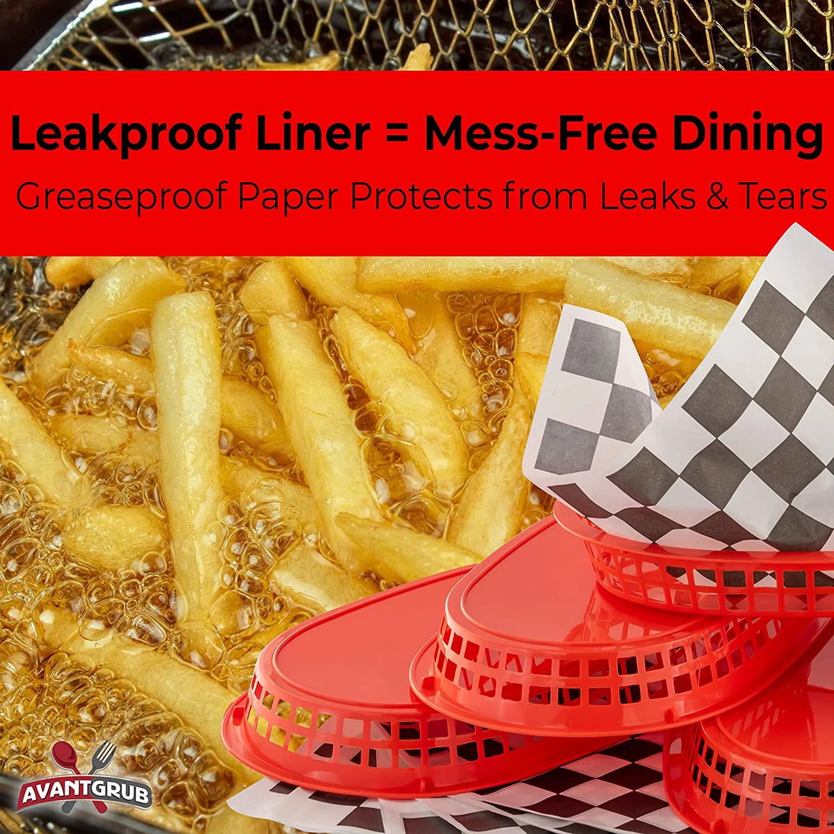 Red Fast Food Basket 12-Ct with Black Checkered Deli Paper 120-Ct U3599