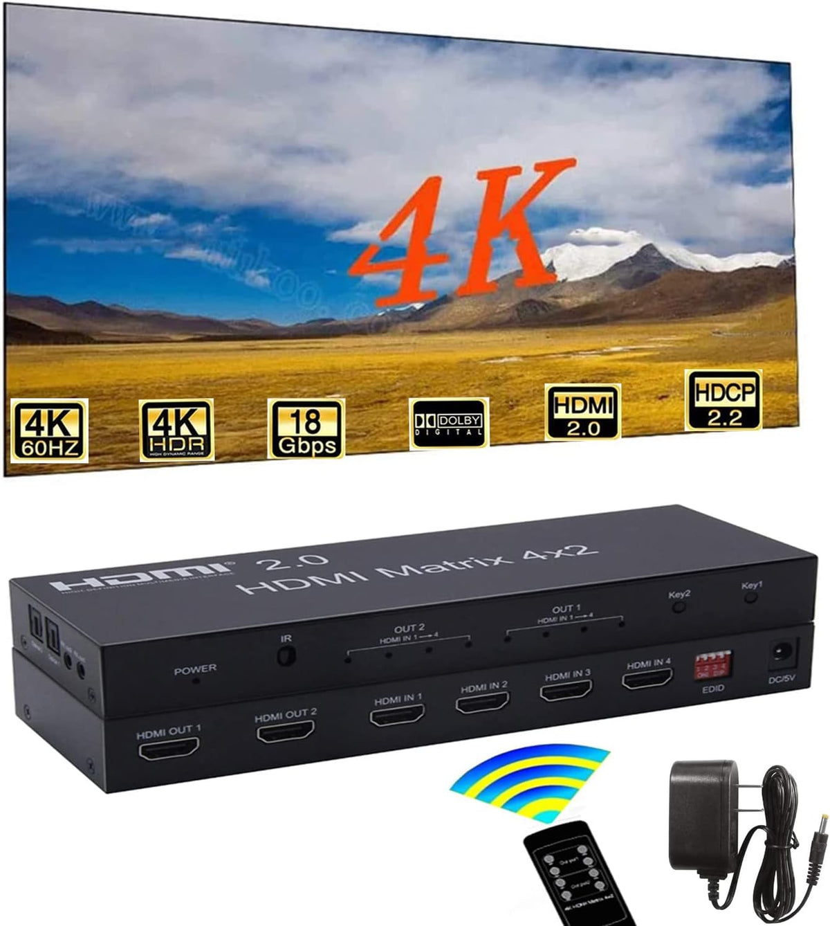 4K HDMI 2.0 Matrix 4X2 Switch with Optical & L/R 3.5mm Output D64894