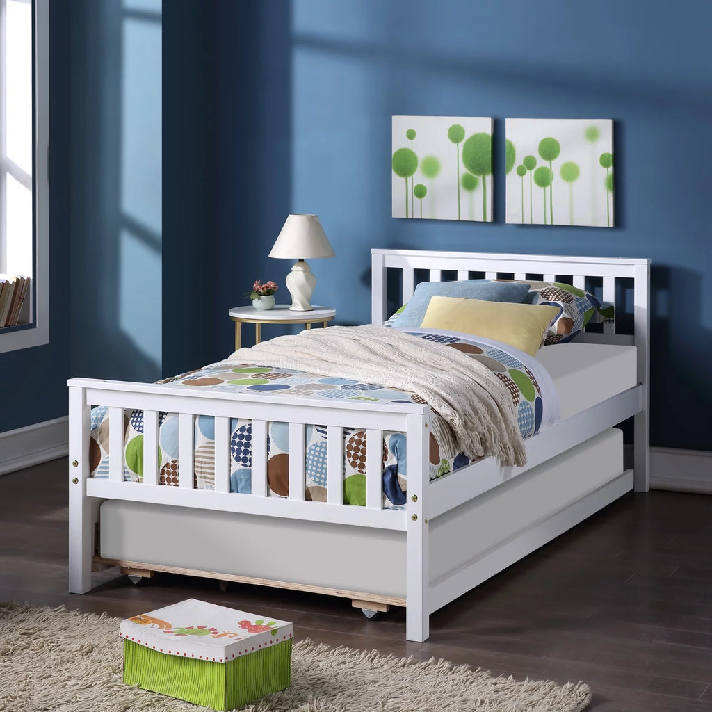 White Solid Pine Wood Twin Platform Bed with Trundle and Headboard Q631457