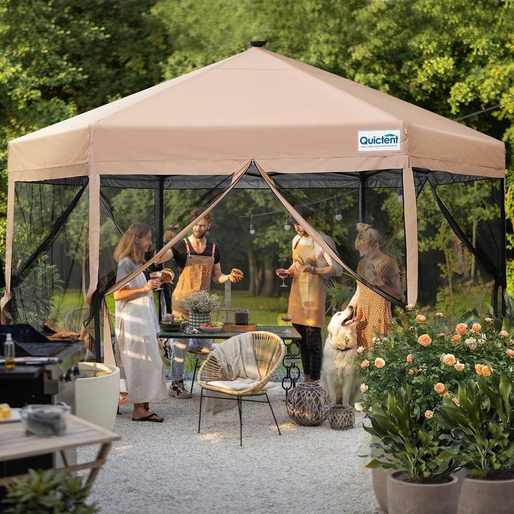 Beige Hexagonal Pop up Gazebo Tent with Mosquito Netting and LED Lights G9175