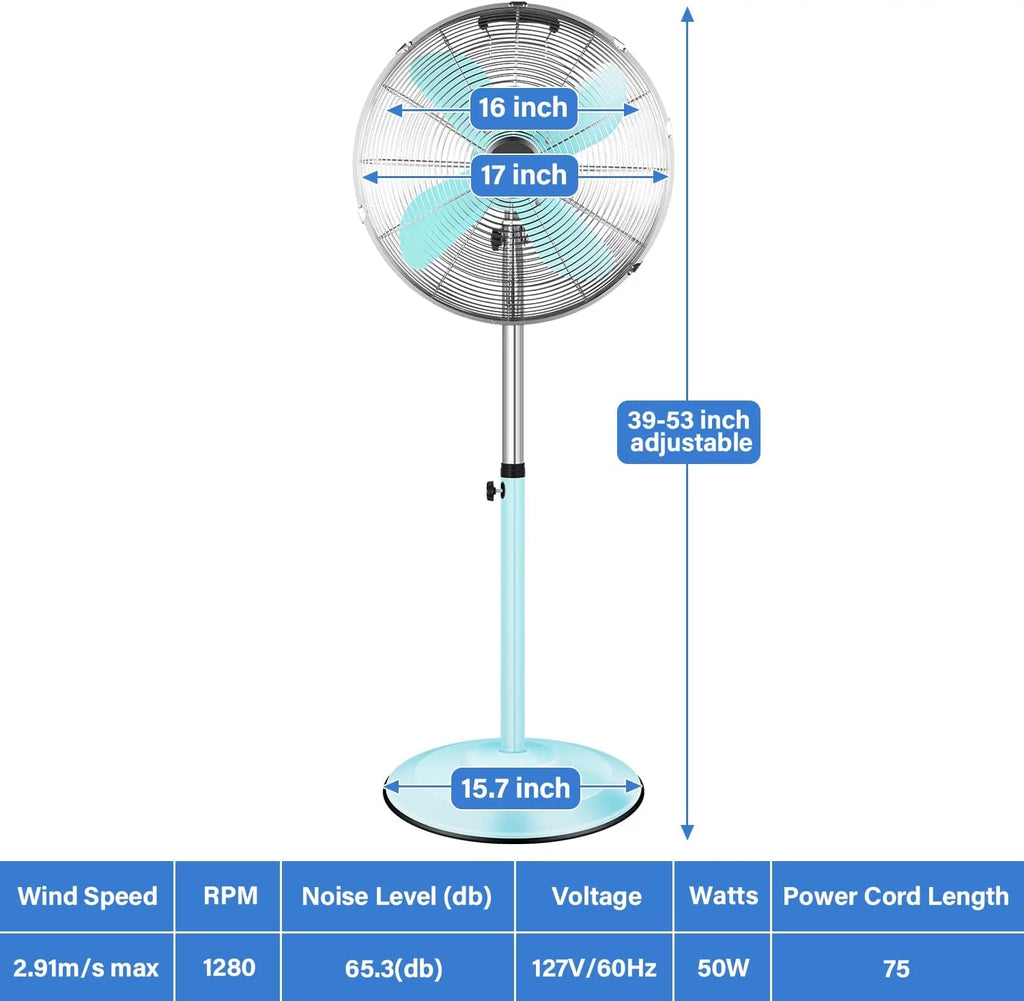Metal Pedestal Fan, Quiet Oscillating Standing Fan with Height Adjustable H8663