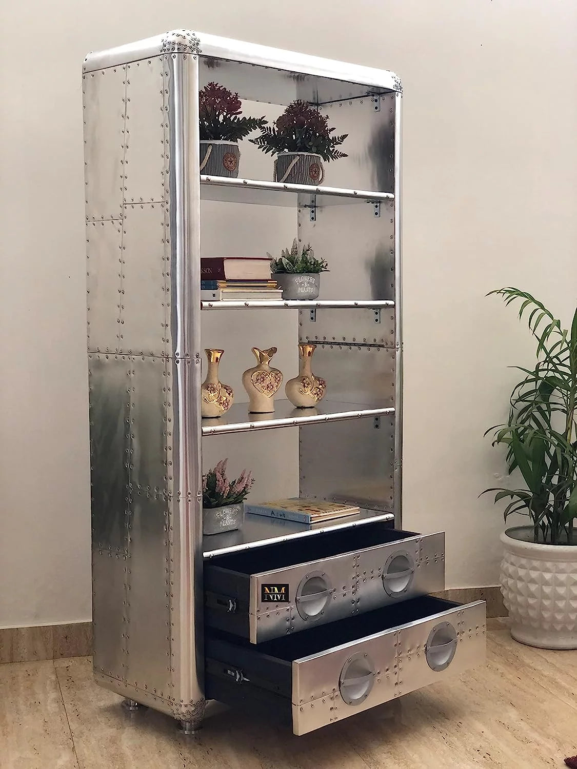 Aluminum Bookcase with Drawers 66 Inches T444