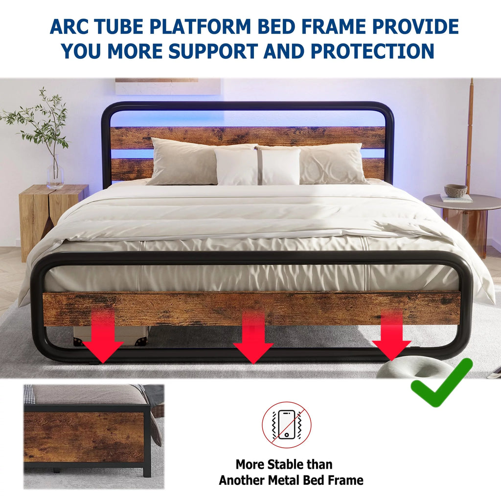Queen Size Metal Platform Bed Frame with LED Headboard and Storage F9749