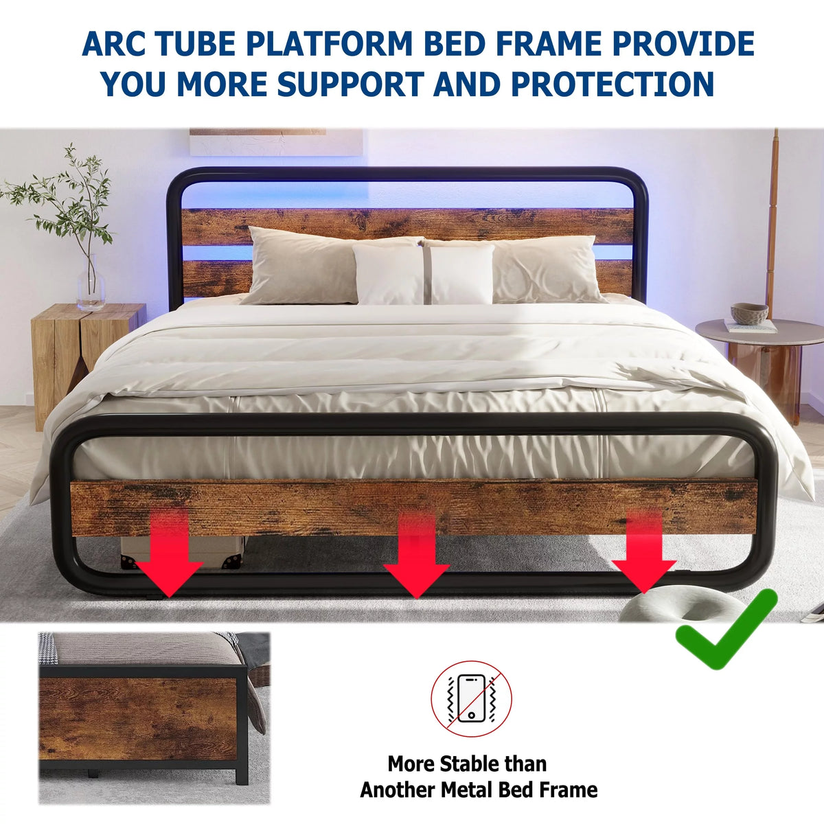 Queen Size Metal Platform Bed Frame with LED Headboard and Storage F9749