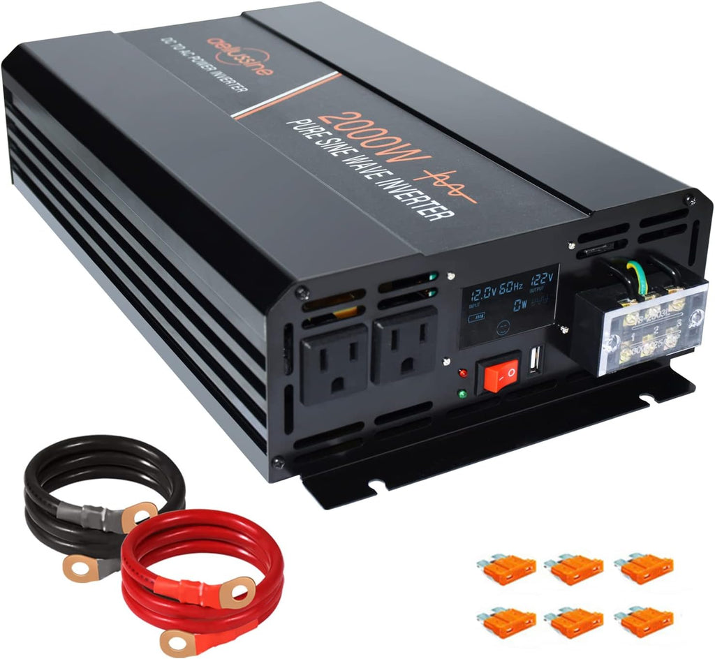 Power Inverter 2000W Pure Sine Wave 12v DC to AC 120v Peak 4000 Watt Converter with LCD Display USB Charge Port B602