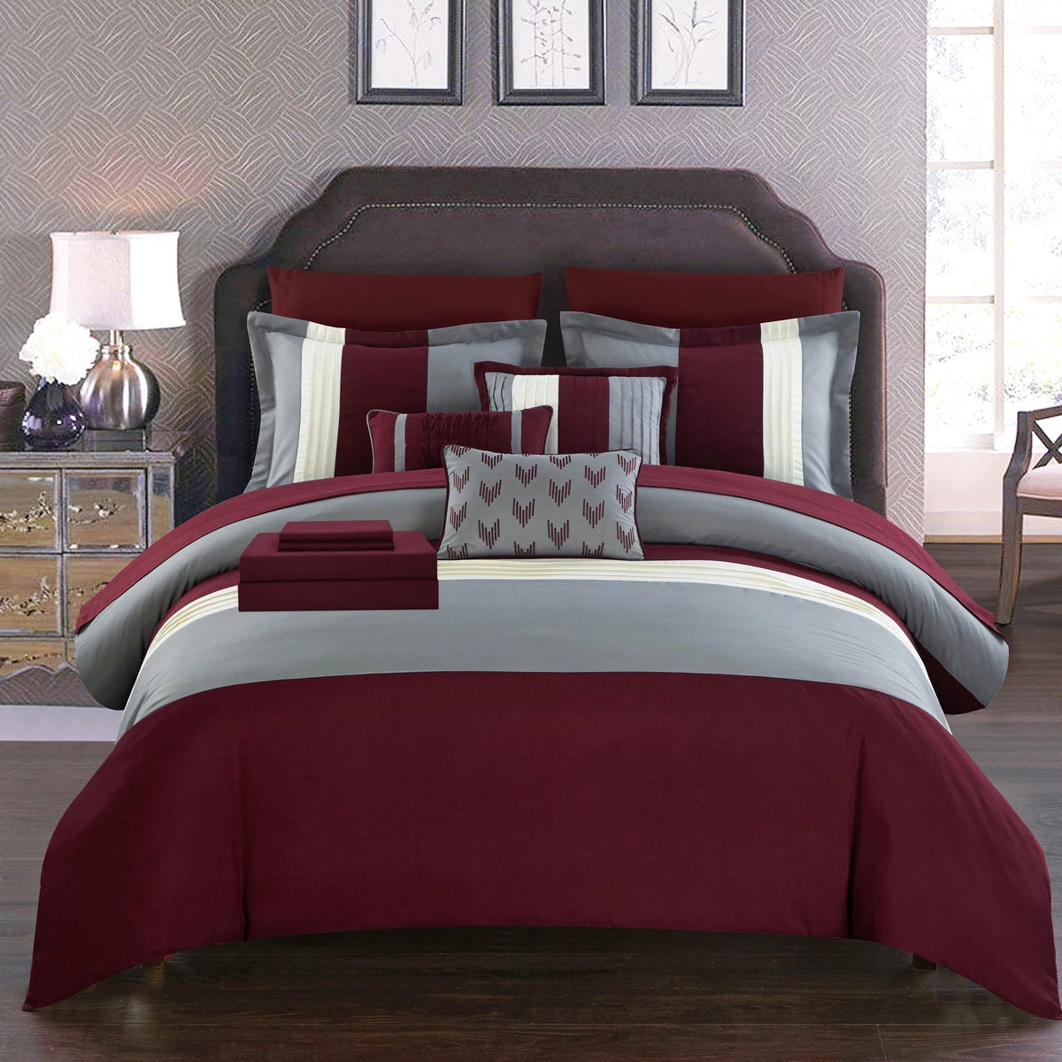 Burgundy King 10 Pieces Microfiber Comforter Set O949
