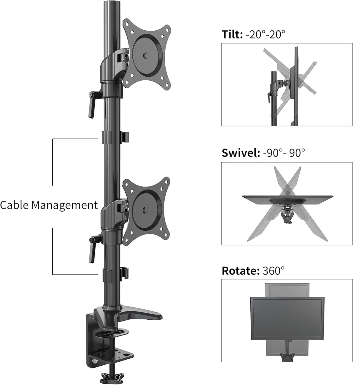 Vertical Dual Monitor Mount, Height Adjustable Heavy Duty C-Clamp and Grommet Mounting Base, VESA 75*75mm/100*100mm W2406