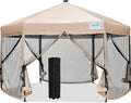 Beige Hexagonal Pop up Gazebo Tent with Mosquito Netting and LED Lights G9175