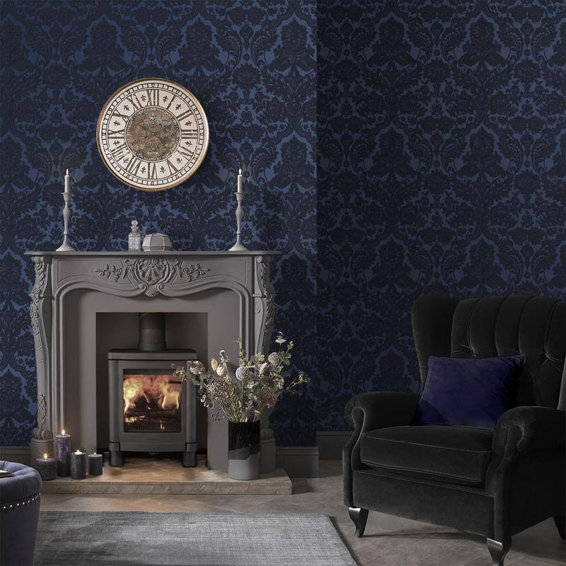 Gothic Damask Flock White Wallpaper I77030
