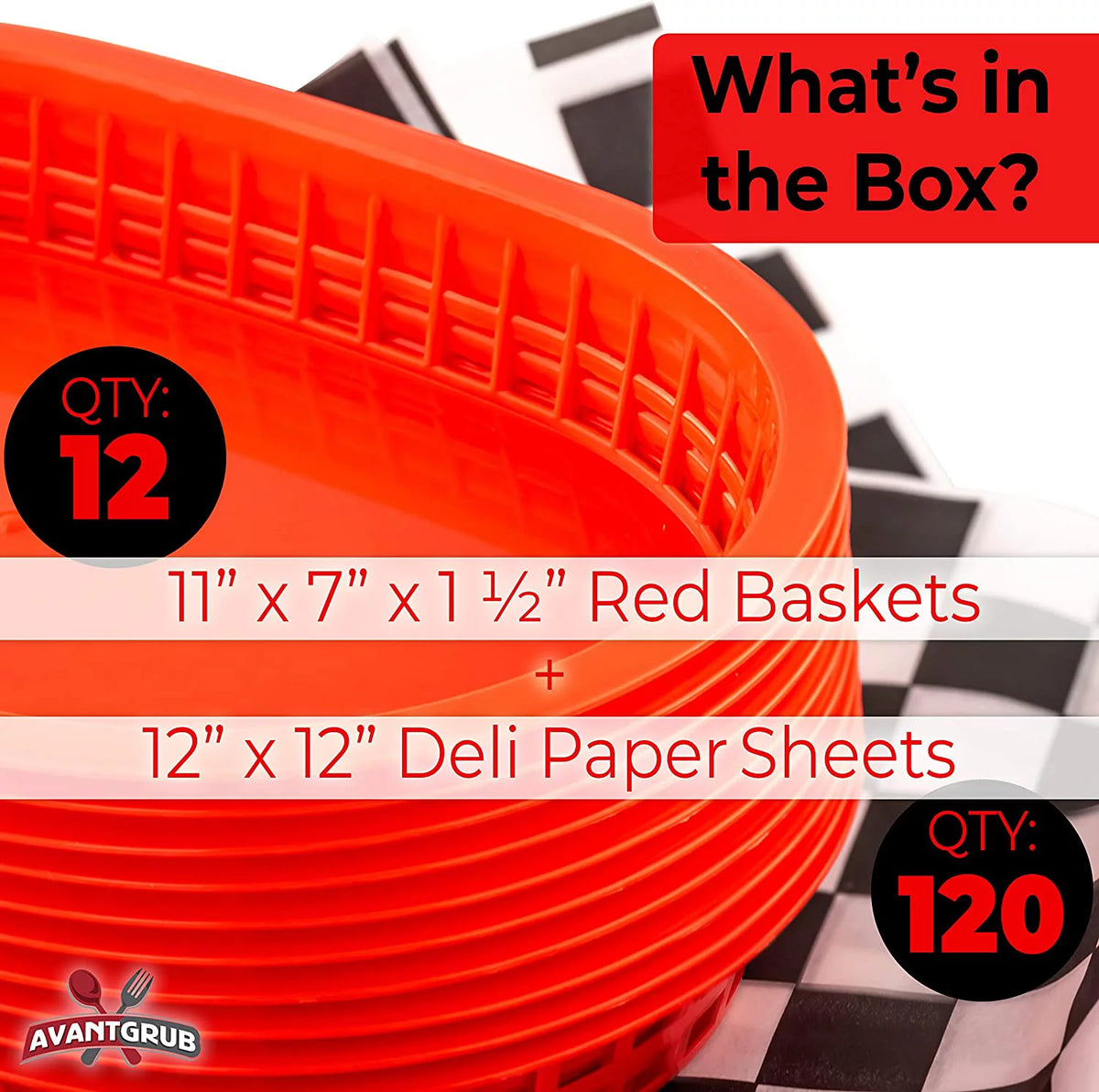 Red Fast Food Basket 12-Ct with Black Checkered Deli Paper 120-Ct U3599