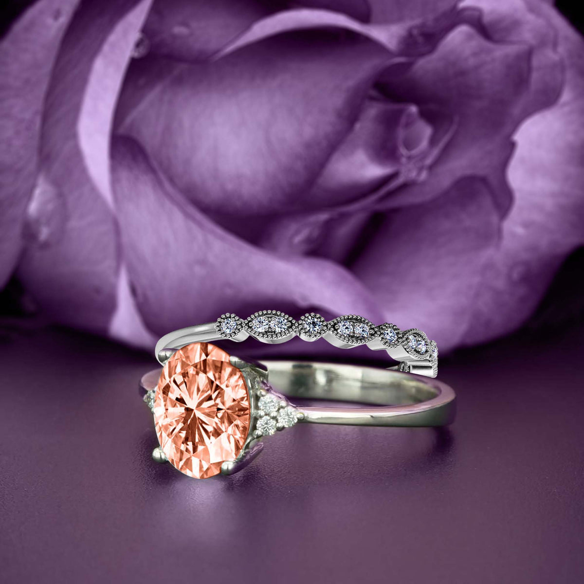 2.00 Carat Oval Cut Morganite And Diamond Moissanite Engagement Ring in Silver With 18k White Gold Plating U9113