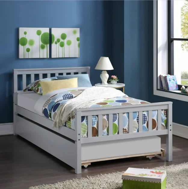 White Solid Pine Wood Twin Platform Bed with Trundle and Headboard Q631457