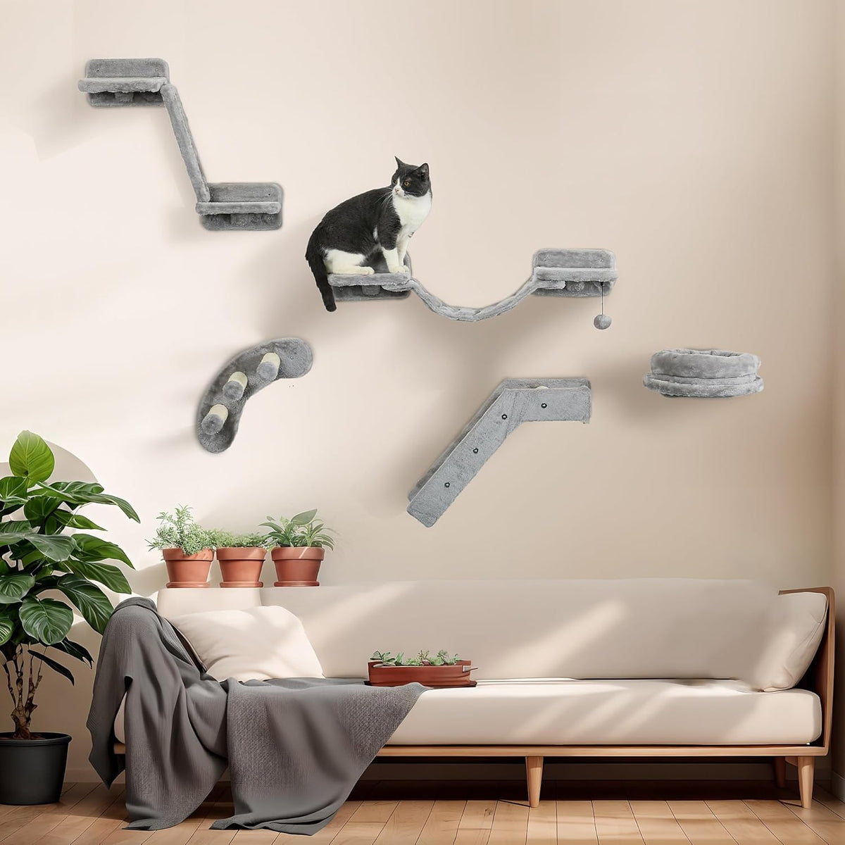 Gray 5PCs Cat Wall Shelves with Soft Plush Sisal R152971