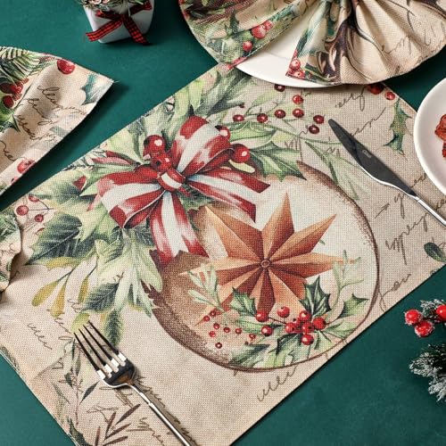 Christmas Placemats Set of 12, 12x18 Inch Linen Fabric Washable Table Mats H383