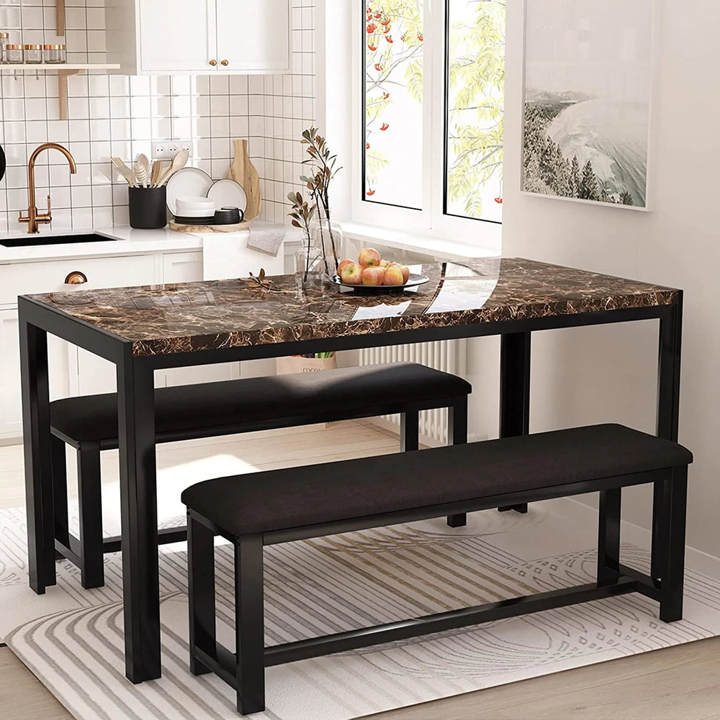 Faux Marble Dining Table and 2 PU Leather Upholstered Bench I96413