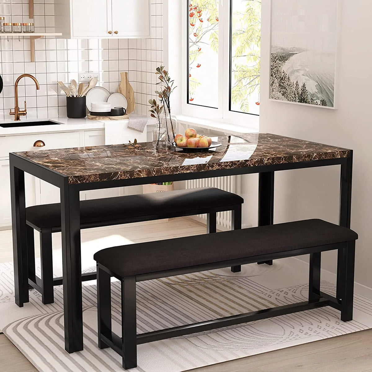 Faux Marble Dining Table and 2 PU Leather Upholstered Bench I96413
