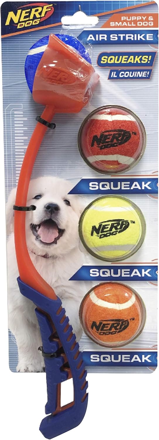 5-Piece Dog Toy Gift Set with Air Strike Launcher and Squeak Tennis Ball 4-Pack, Multicolored Q5823