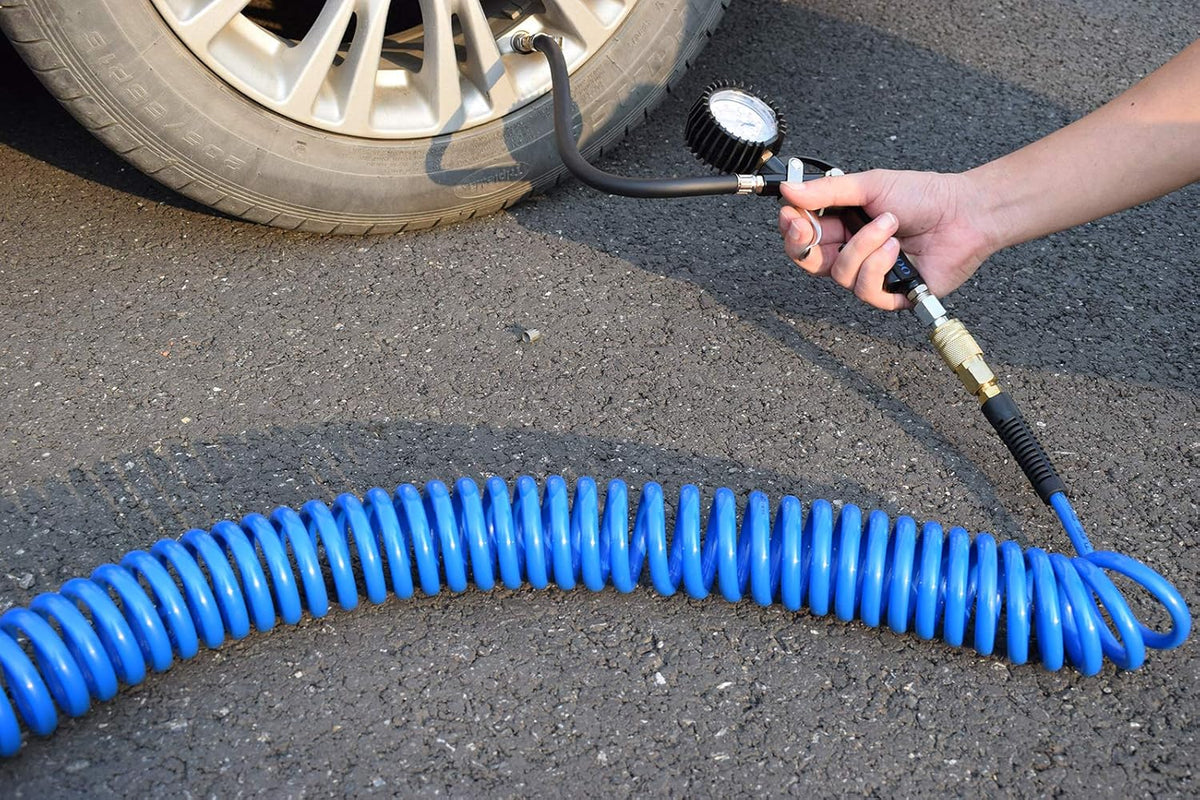 10-Pack Blue Polyurethane Recoil Air Hose 1/4" by 25' with Bend Restrictor and Quick Coupler N22244