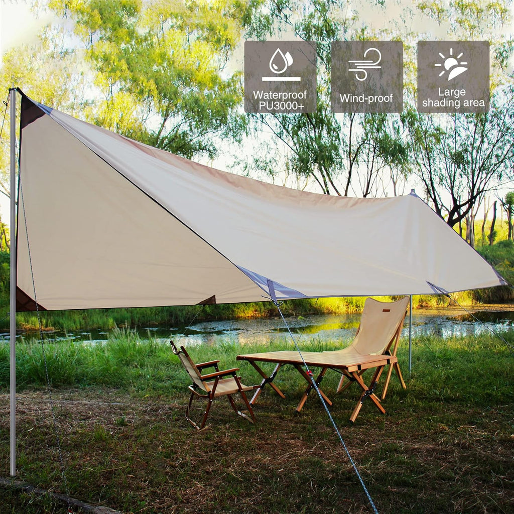 Camping Tent Tarp with Poles, 4-6 Person PU 3000mm Lightweight Awning Canopy Sun Shelter E293875