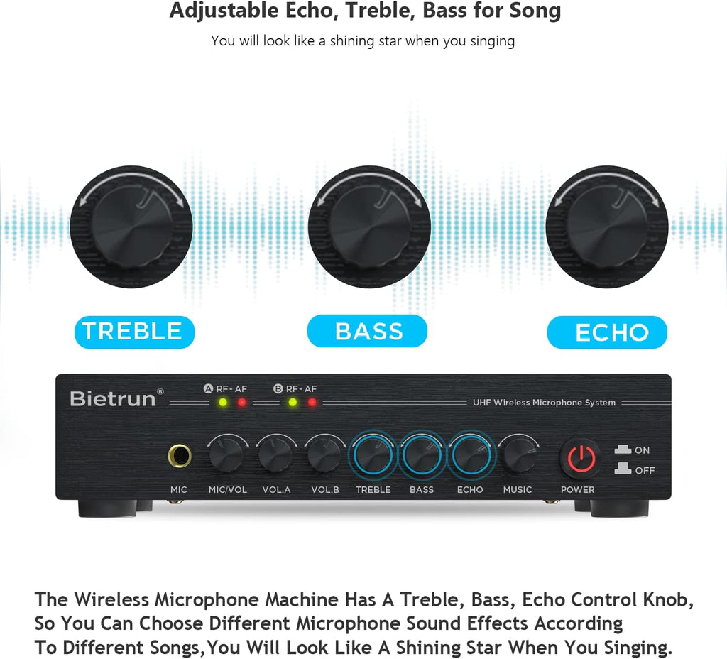 UHF Dual Channel Wireless Microphones with Bluetooth, Metal Cordless Handheld Dynamic Mics M160022