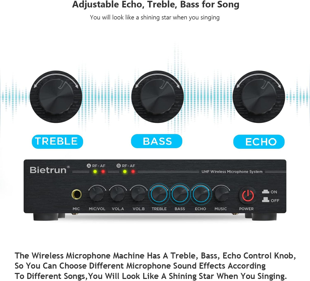 UHF Dual Channel Wireless Microphones with Bluetooth, Metal Cordless Handheld Dynamic Mics M160022