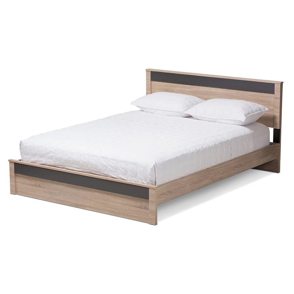 Queen Size Two-Tone Oak and Grey Wood Platform Bed I499865