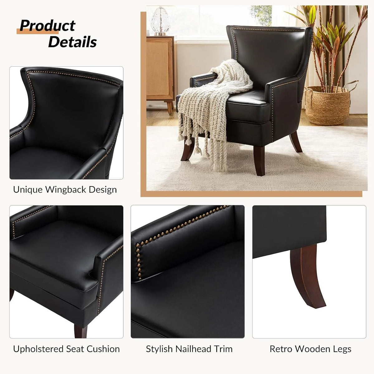 Black Faux Leather Wingback Accent Chair M737