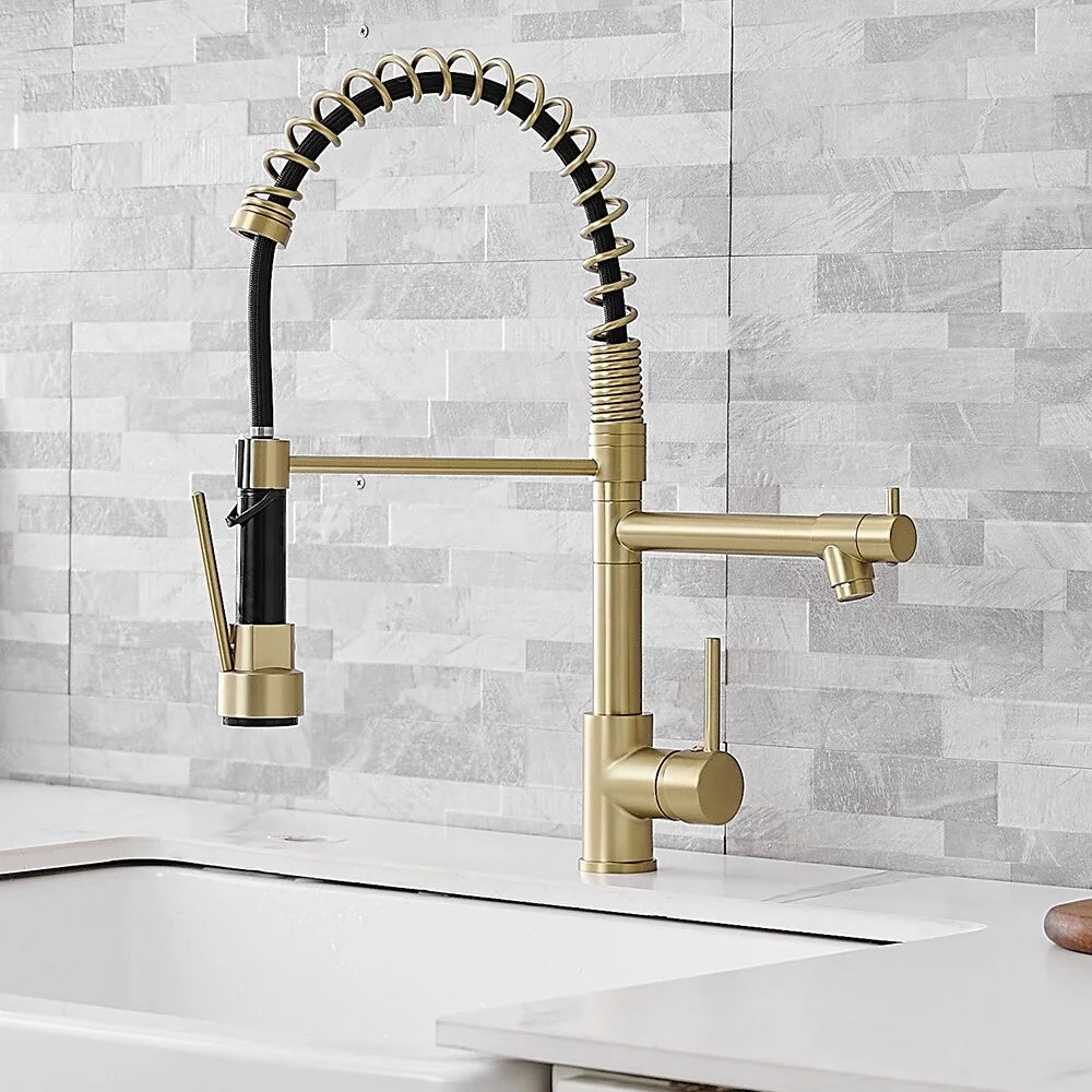 Brushed Gold Kitchen Faucet with Pull-Down Sprayer M459383