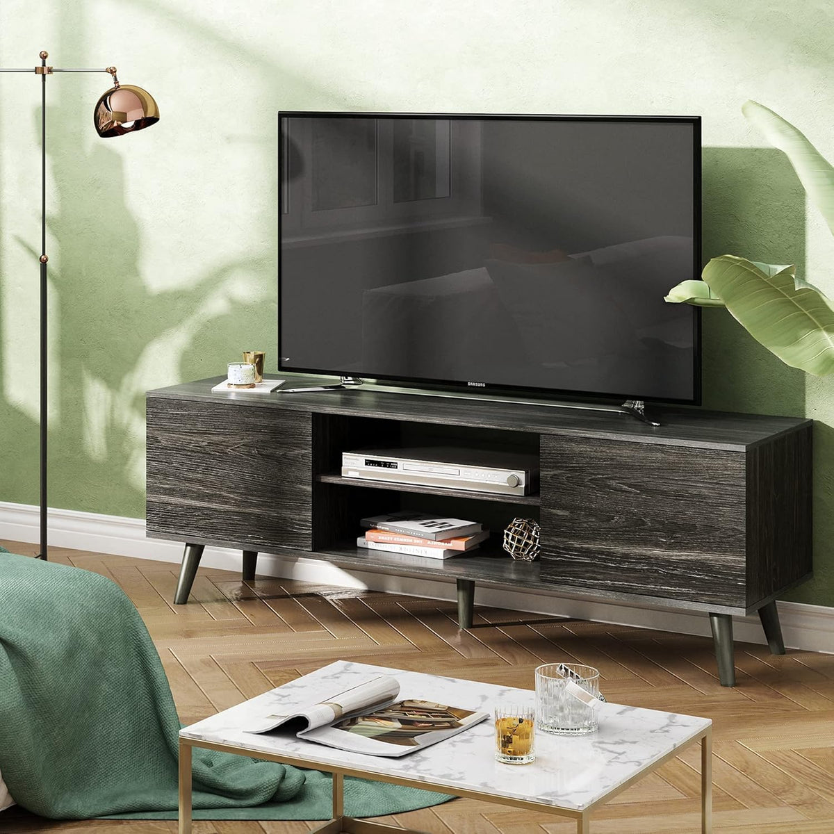 Gray Oak TV Stand with Storage Cabinet and Open Shelves P251